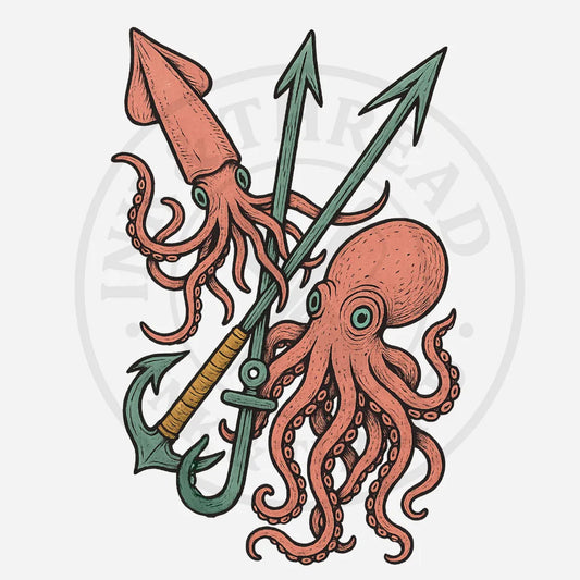 Illustration of a squid, octopus, and anchor on a white background