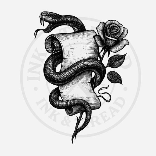Black and white illustration of a snake coiled around a scroll with a rose, on a white background.