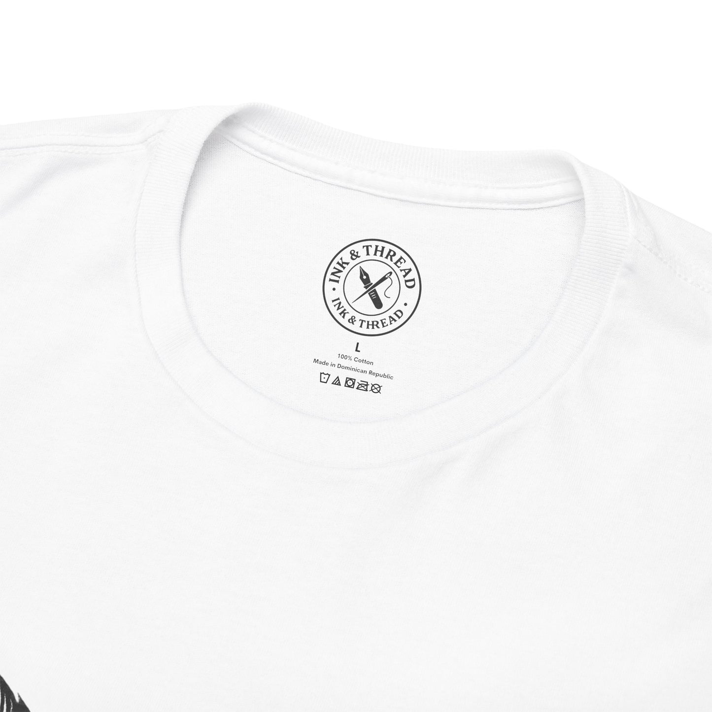 White t-shirt with 'Ink & Thread' logo on a white background