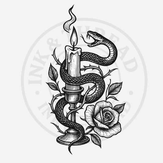 Black and white illustration of a snake coiled around a candle with a rose next to it, on a white background.