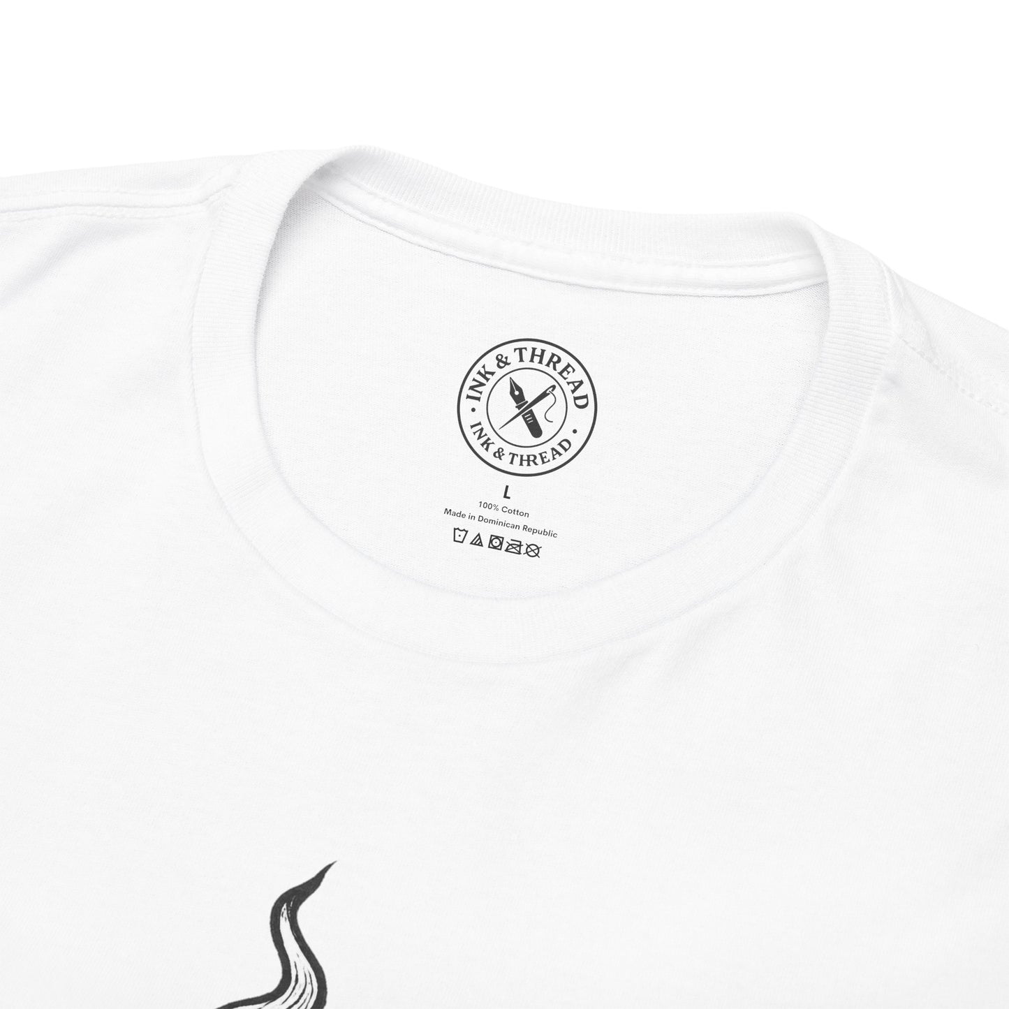 White t-shirt with Ink & Thread logo on a white background