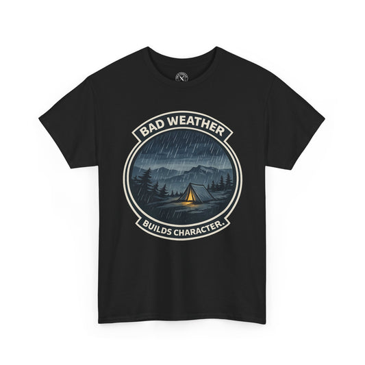 Black unisex t-shirt featuring Bad Weather Builds Character camping badge graphic with rainy tent scene and mountain design