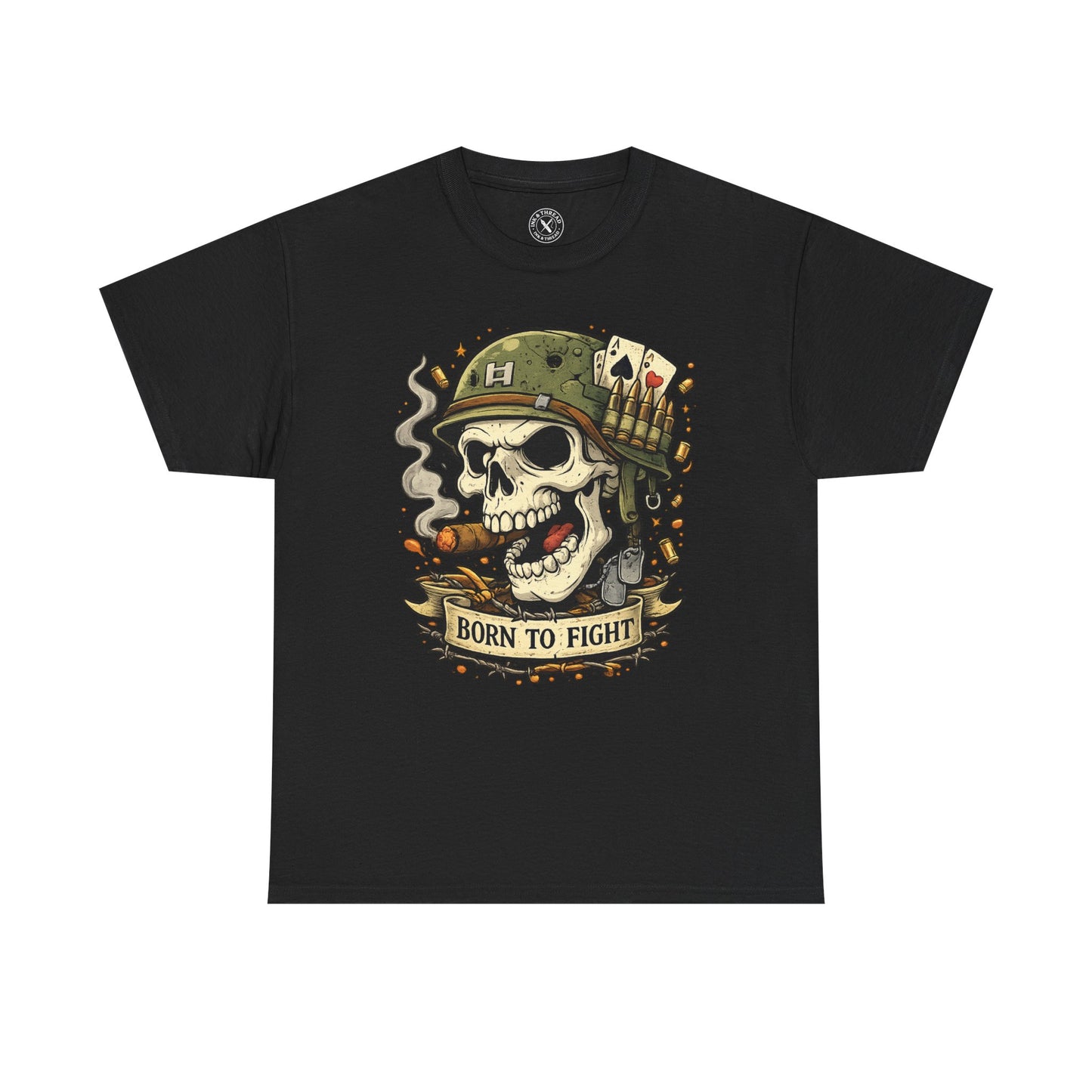 Black Born to Fight graphic t-shirt featuring a skull soldier with playing cards design by Ink & Thread UK