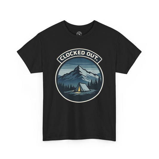 Black unisex t-shirt featuring Clocked Out camping circular badge graphic with mountain tent and forest night design