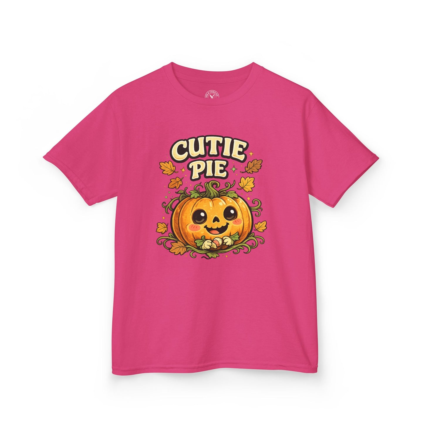 Cutie Pie hot pink graphic t-shirt featuring a smiling pumpkin jack-o-lantern with autumn leaves design