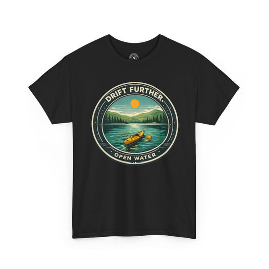 Black unisex t-shirt featuring Drift Further Open Water kayaking circular badge graphic with canoe on lake and sun design