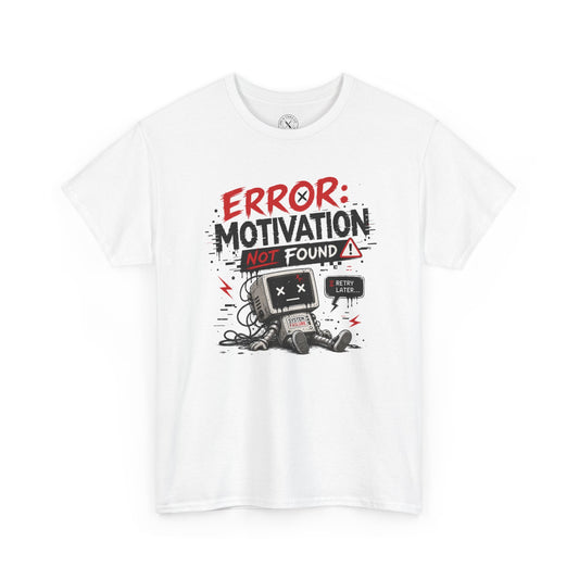 Front view of the Error Motivation Not Found graphic t-shirt featuring a cartoon robot and distressed typography design.