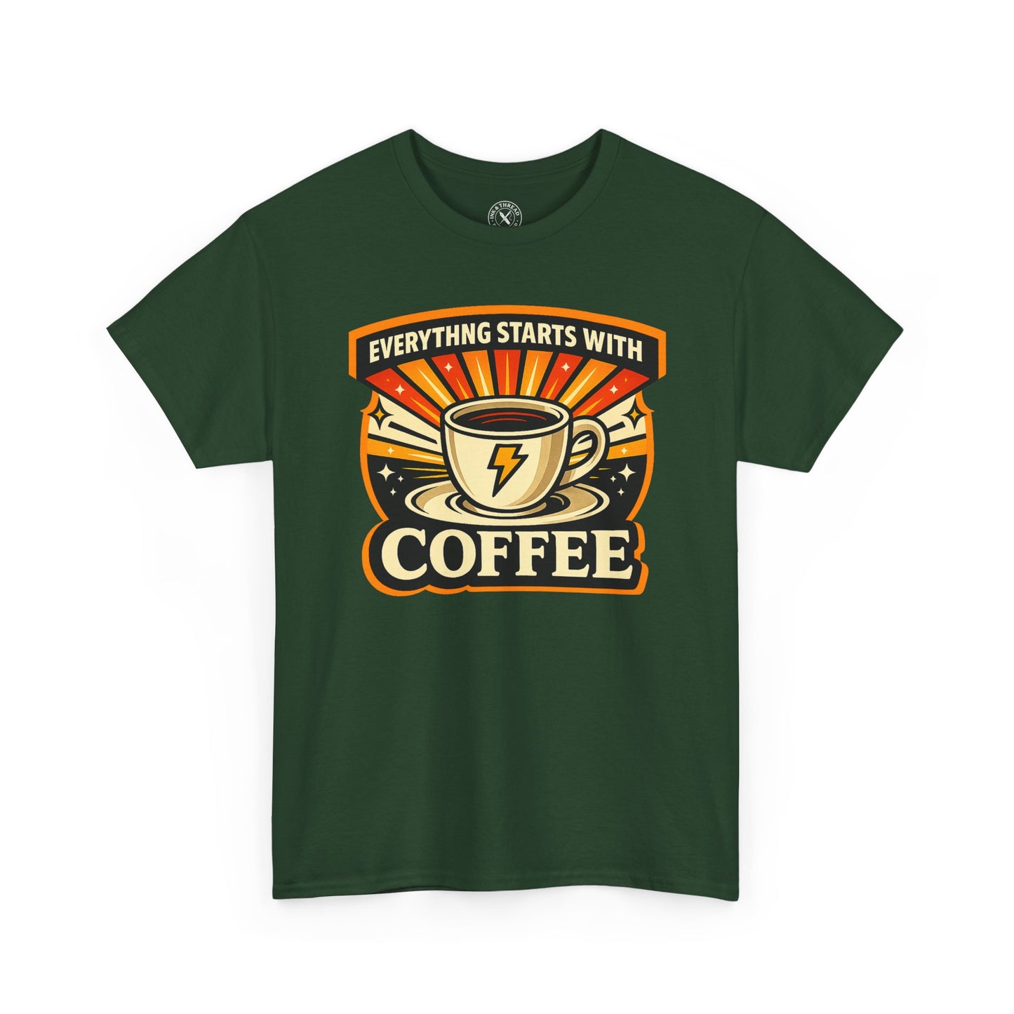 "Everything Starts with Coffee" graphic t-shirt in dark green, Ink & Thread