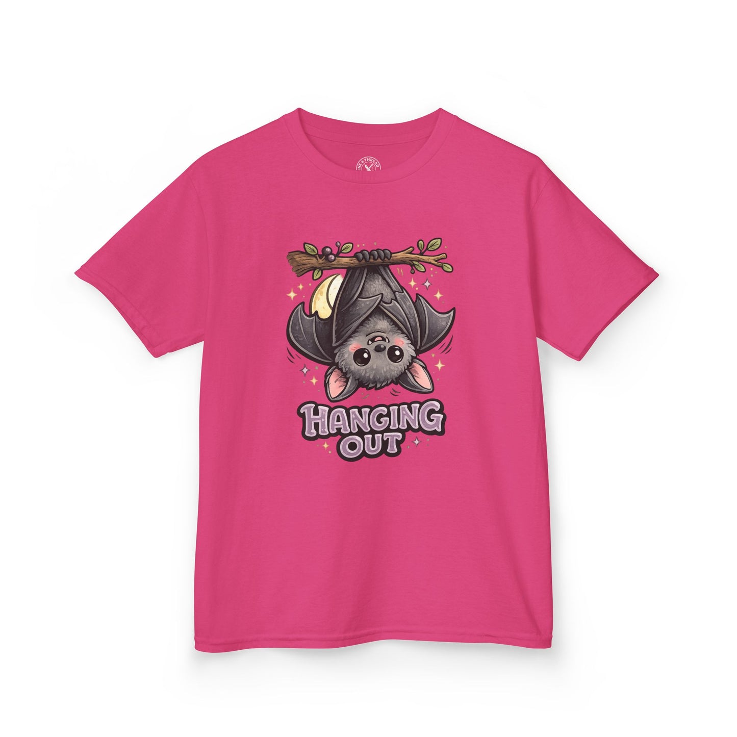 Hot pink Hanging Out cartoon bat graphic t-shirt - cute bat design unisex tee - Ink & Thread UK
