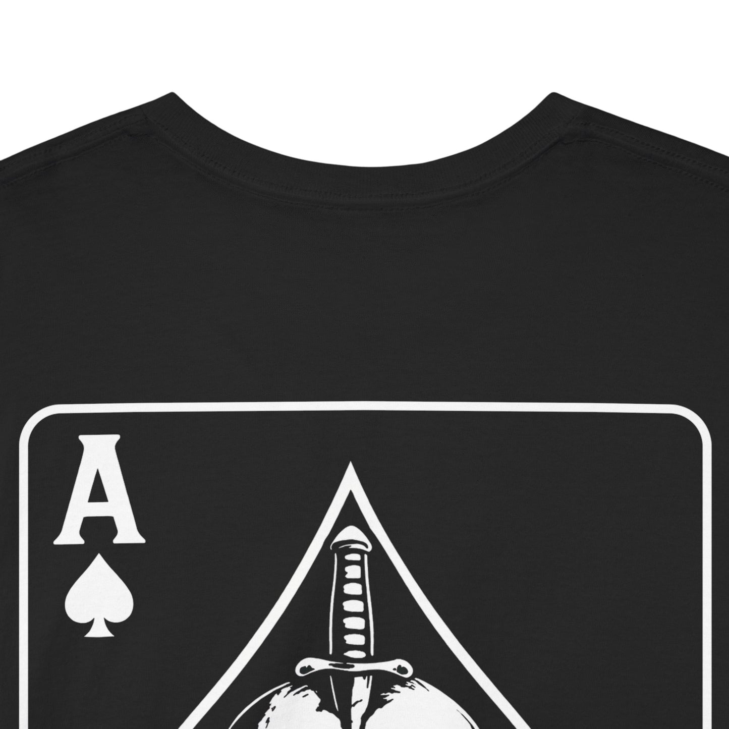 Back close-up of black t-shirt with Ace of Spades playing card design featuring skull and dagger illustration on white background