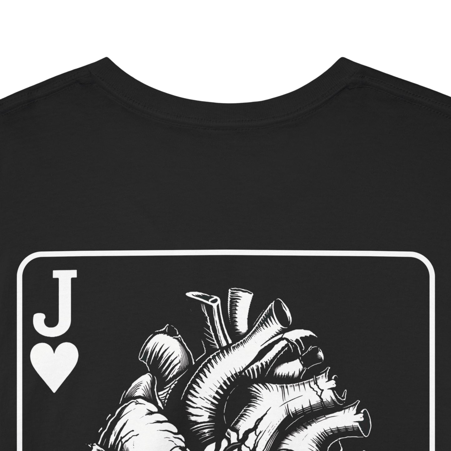 Black t-shirt back view with Jack of Hearts playing card design featuring detailed anatomical heart illustration