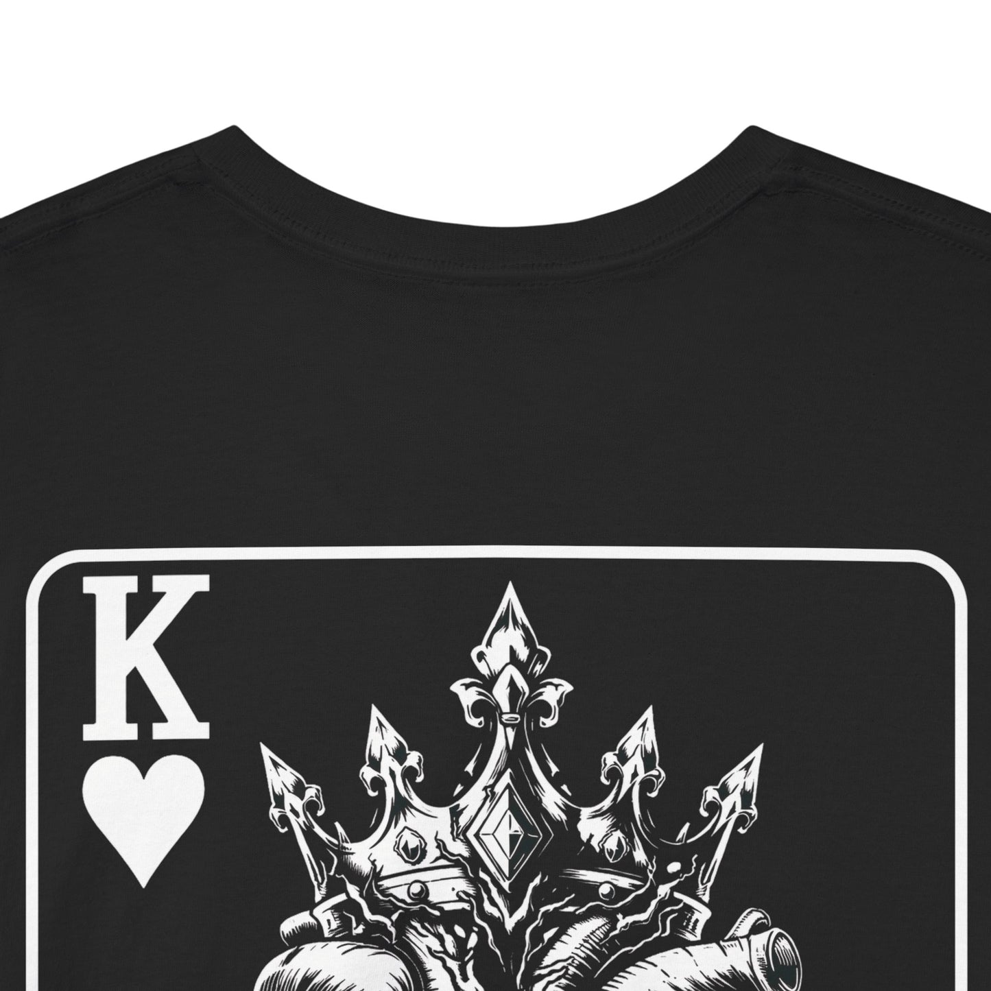Black t-shirt back view with King of Hearts playing card design featuring ornate crown illustration on white background
