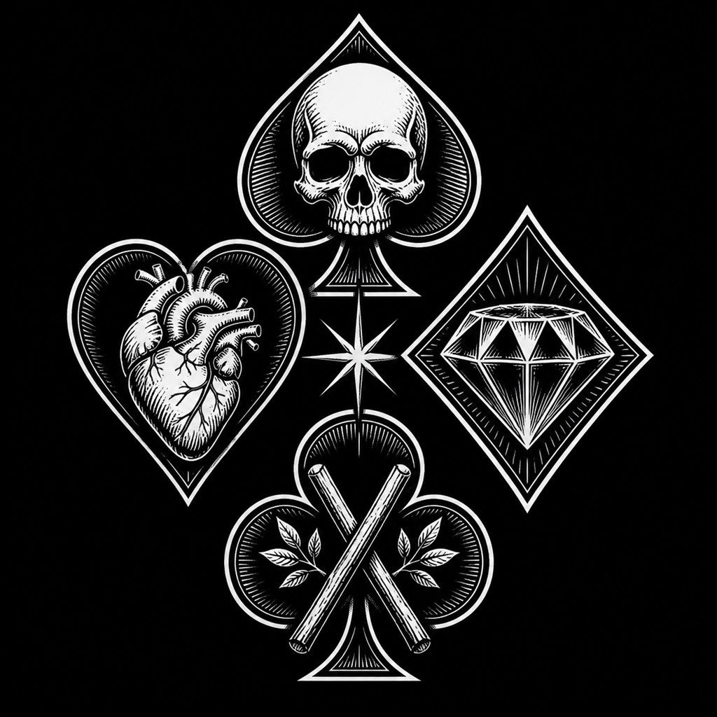 Four playing card suit symbols — spades, hearts, diamonds, clubs — in bold tattoo-flash composition