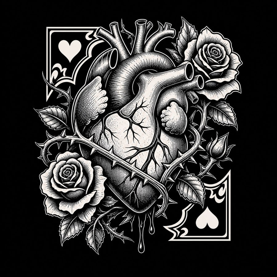 Anatomical heart with roses and thorns representing the heart suit in dark tattoo style