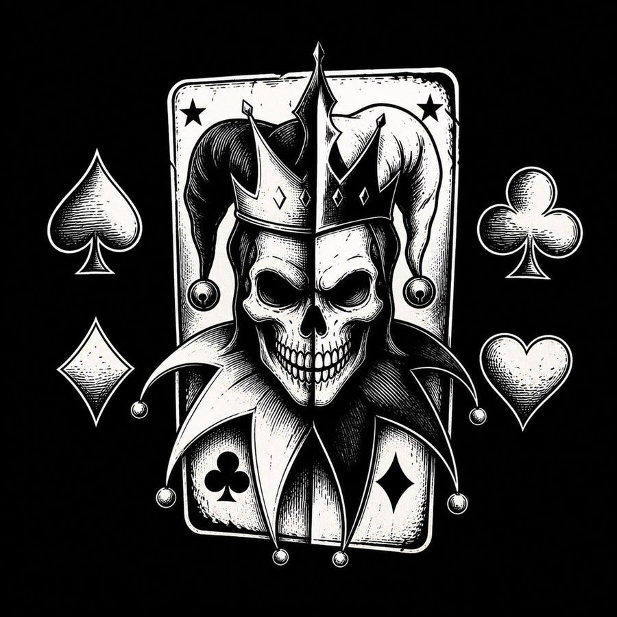 Joker card with jester skull and trickster iconography outside the four-suit system