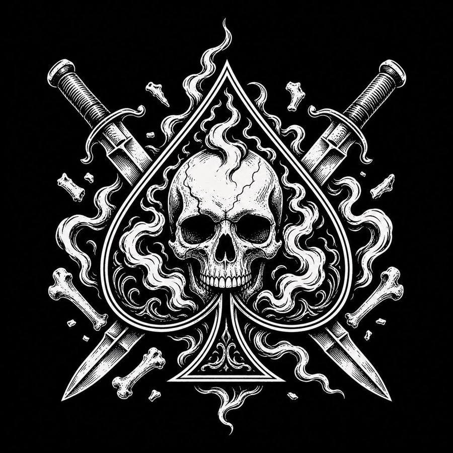 Spade suit symbol with skull and shadow elements in bold tattoo-flash blackwork