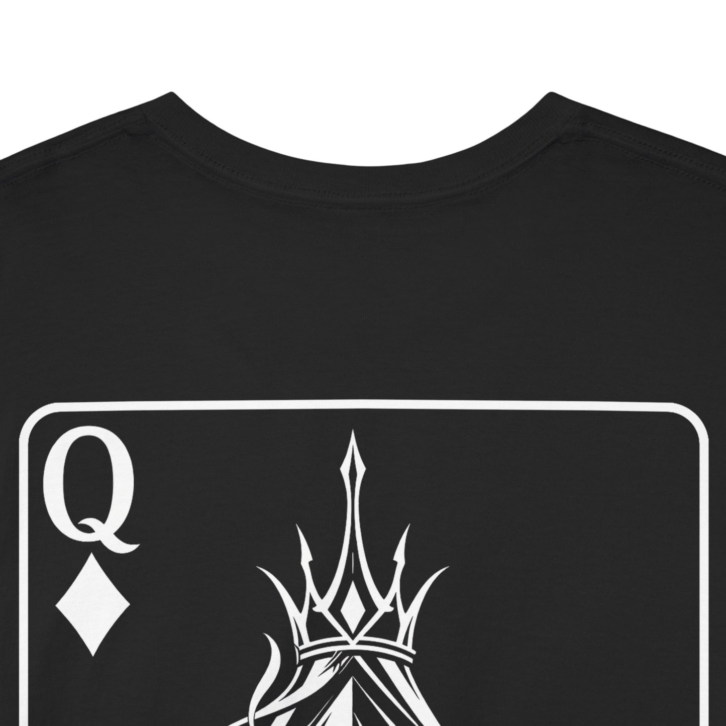 Black t-shirt back view with Queen of Diamonds playing card design featuring ornate crown illustration on white background