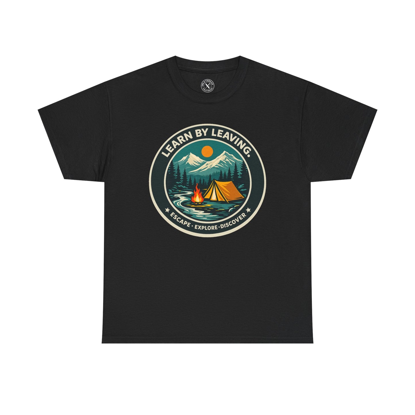Black unisex t-shirt featuring Learn By Leaving camping circular badge graphic with tent, campfire, mountains and escape explore discover design