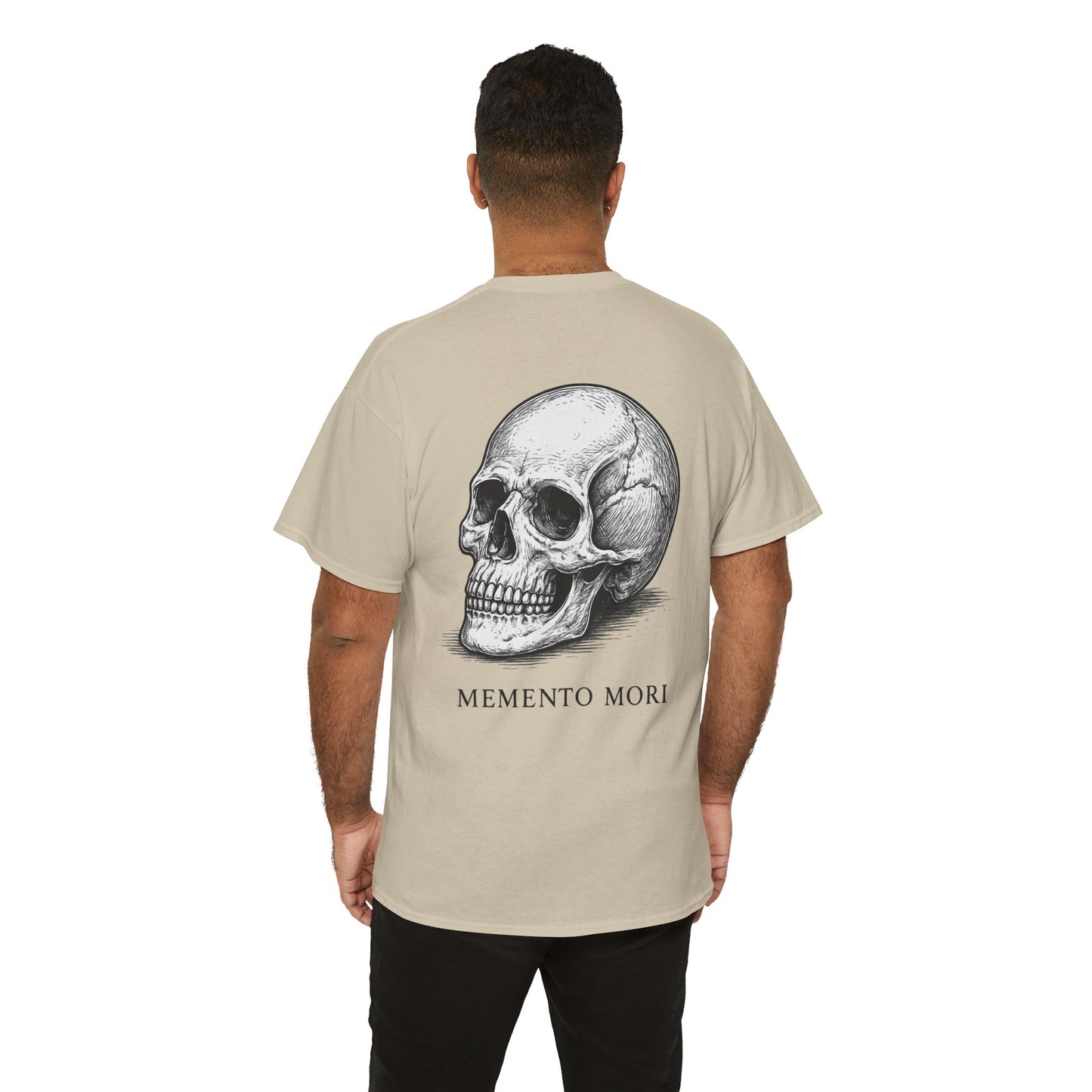 Back view of man wearing sand beige Memento Mori skull graphic t-shirt – premium oversized unisex tee with gothic skull print
