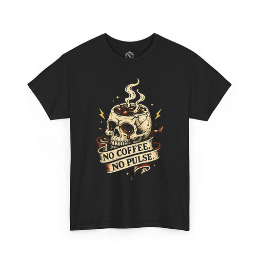 "No Coffee No Pulse" skull graphic t-shirt in black, Ink & Thread