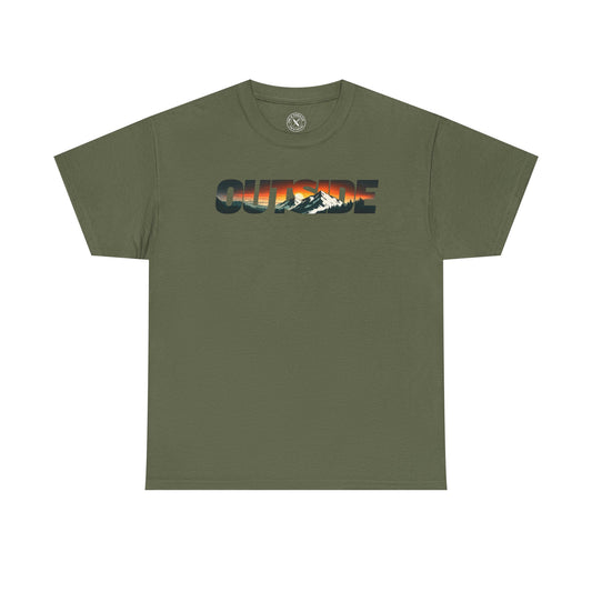 Ink and Thread UK olive green t-shirt with Outside mountain sunset graphic print, front view on white background