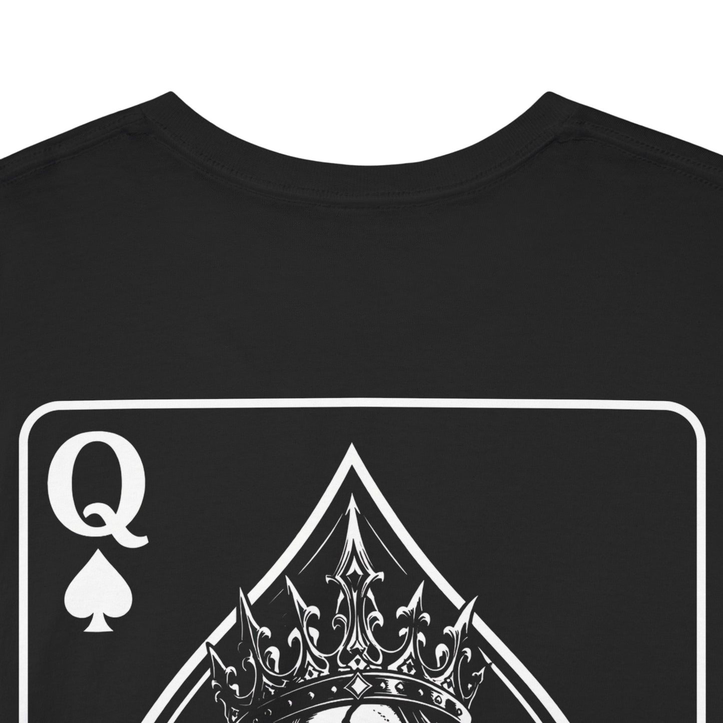 Black graphic t-shirt back view - Queen of Spades crown playing card design by Ink and Thread UK