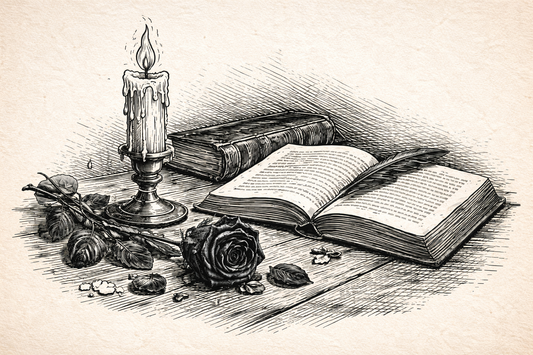 Vintage black ink illustration of Gothic still life with candle, rose and open book on parchment background