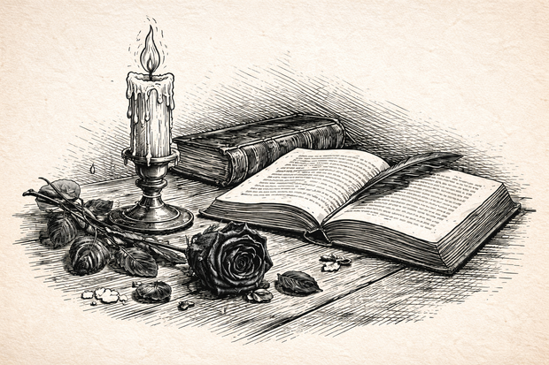 Vintage black ink illustration of Gothic still life with candle, rose and open book on parchment background