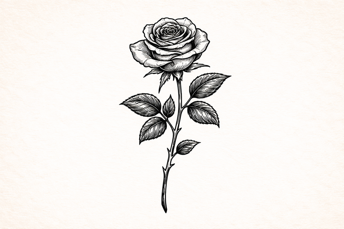 Vintage black ink rose illustration in traditional tattoo style on parchment background