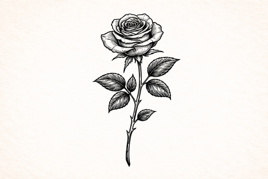 Vintage black ink rose illustration in traditional tattoo style on parchment background
