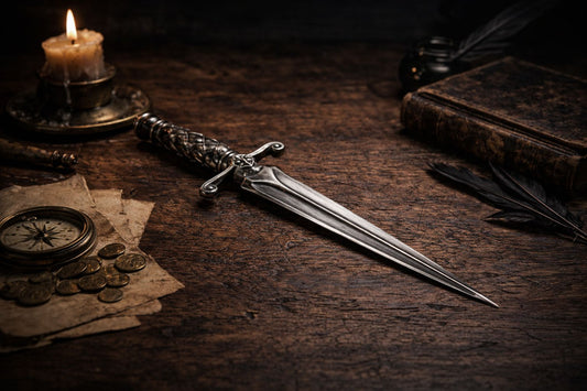 Long dagger laid on wooden table with candle, compass, coins and vintage book in moody lighting