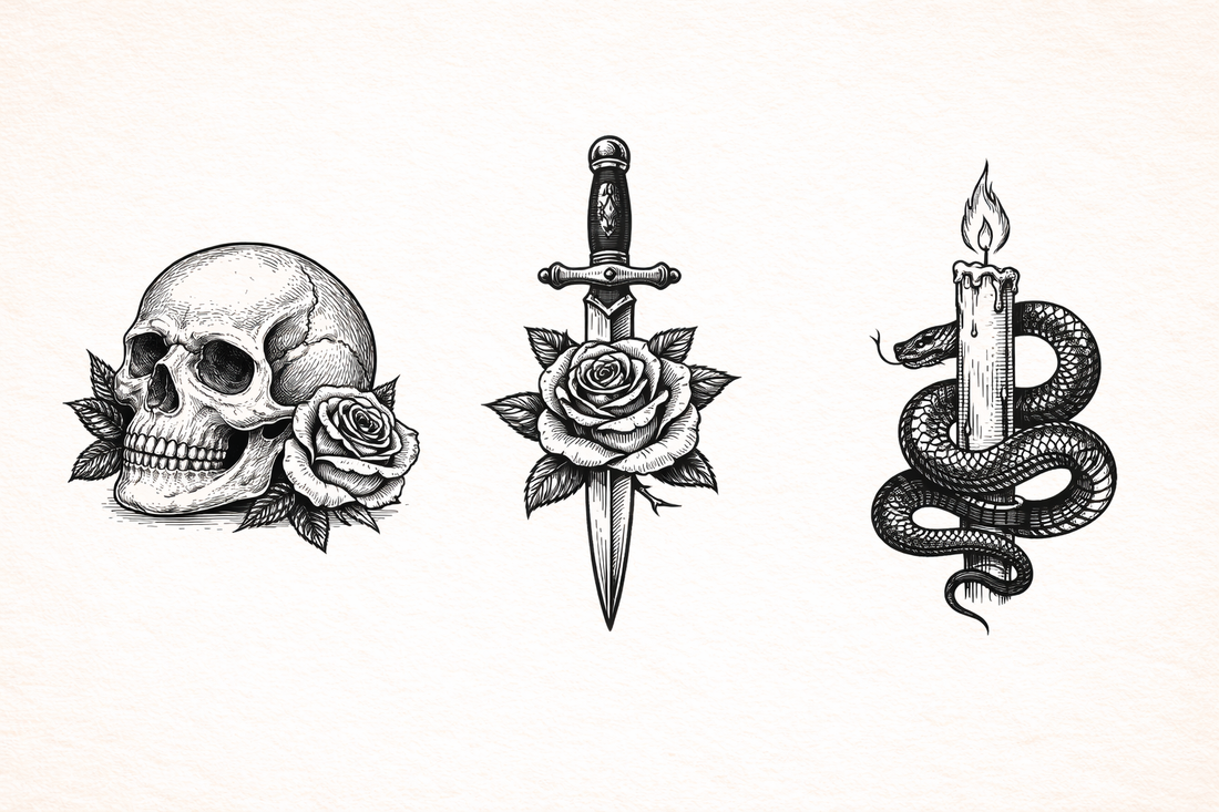 Gothic tattoo illustrations collection skull dagger & snake