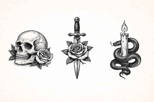 Gothic tattoo illustrations collection skull dagger & snake