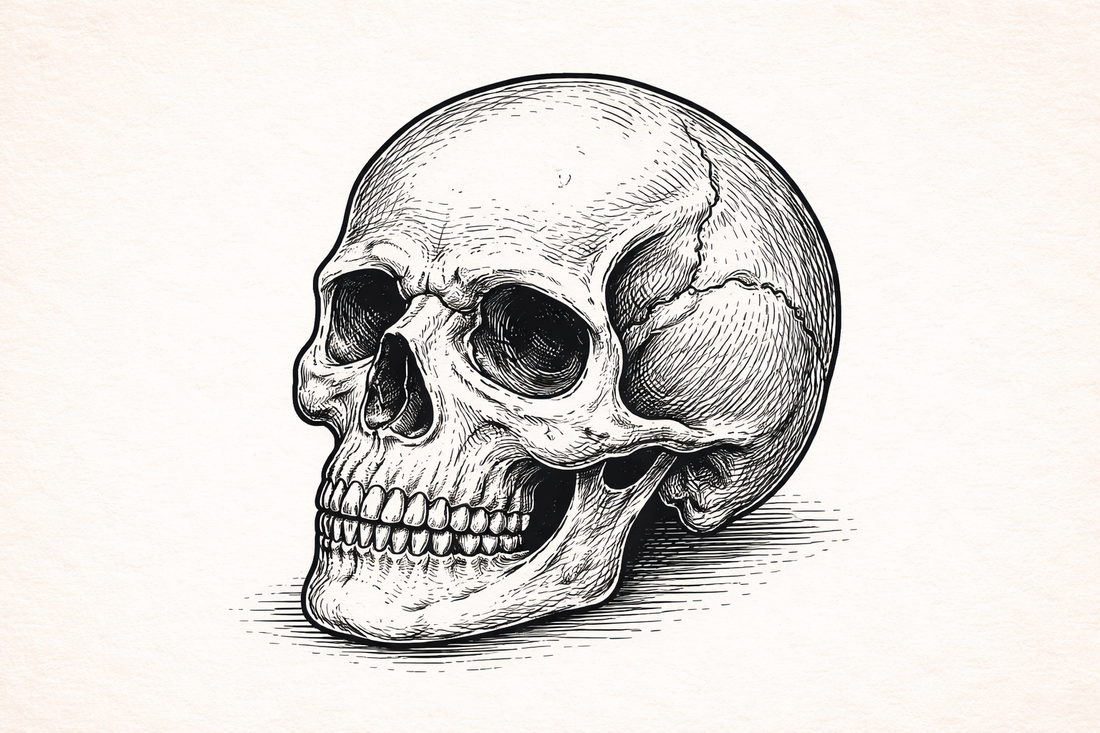 Black ink skull tattoo illustration inspired by vintage Gothic symbolism