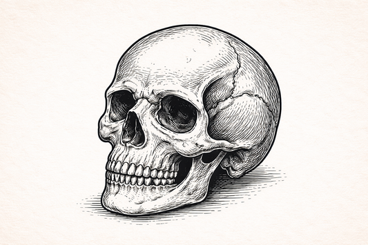 Black ink skull tattoo illustration inspired by vintage Gothic symbolism