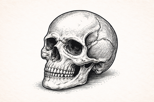 Black ink skull tattoo illustration inspired by vintage Gothic symbolism