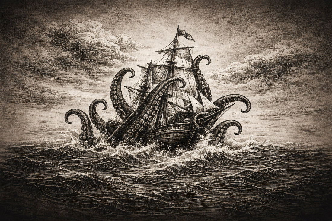 Vintage black ink kraken tattoo illustration wrapping around a sailing ship in stormy sea, detailed nautical engraving style
