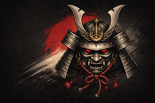 raditional samurai kabuto helmet illustration in Japanese tattoo style on dark background
