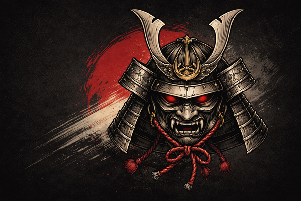 raditional samurai kabuto helmet illustration in Japanese tattoo style on dark background