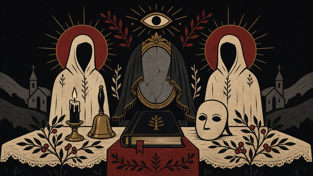 Flat folk horror scene with candles, masks, bells and hollow figures.