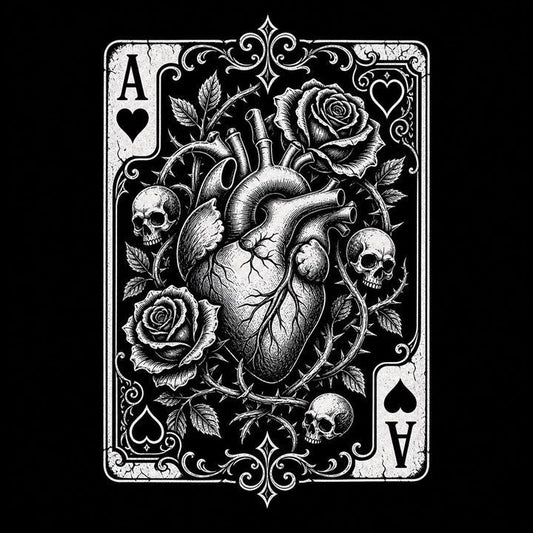 Ace of Hearts meaning shown through an anatomical heart drawn in tattoo-flash linework with the ace symbol above it