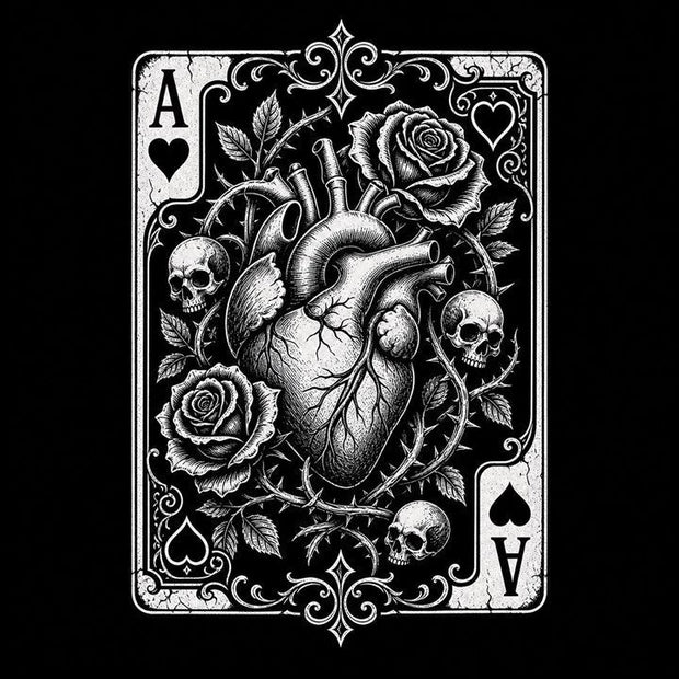 Ace of Hearts meaning shown through an anatomical heart drawn in tattoo-flash linework with the ace symbol above it