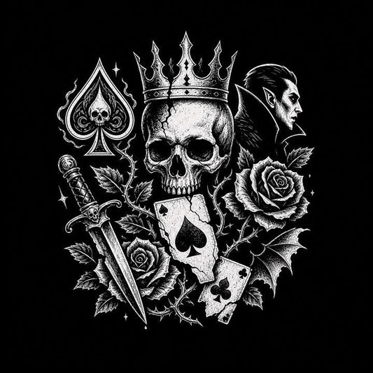 Best gothic t-shirts UK 2026 guide shown through a dark editorial spread of tattoo flash symbols