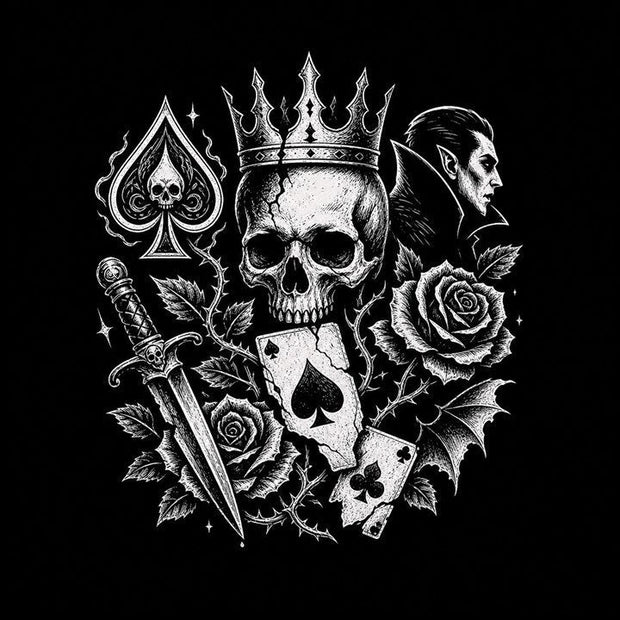 Best gothic t-shirts UK 2026 guide shown through a dark editorial spread of tattoo flash symbols
