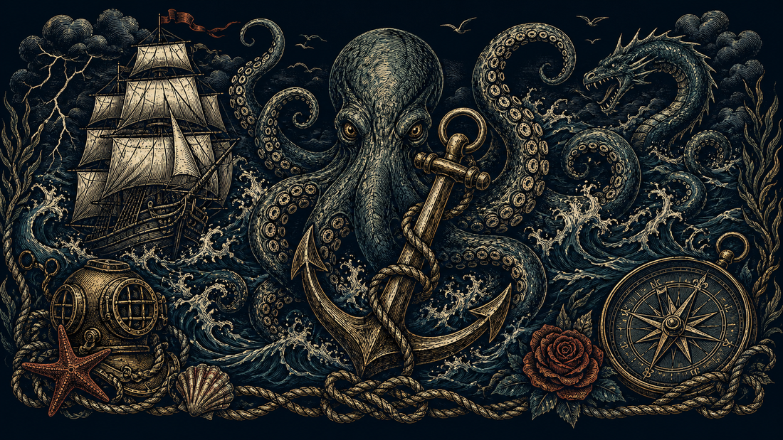 Colour nautical t-shirt article banner with kraken, anchor, ship, compass and dark ocean symbols.