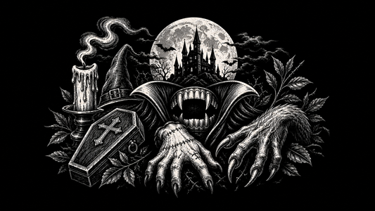 Classic monster meanings banner with vampire, stitched creature and wolf symbols.