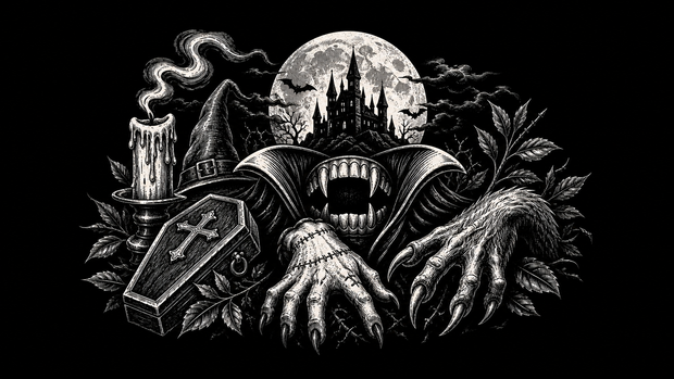 Classic monster meanings banner with vampire, stitched creature and wolf symbols.