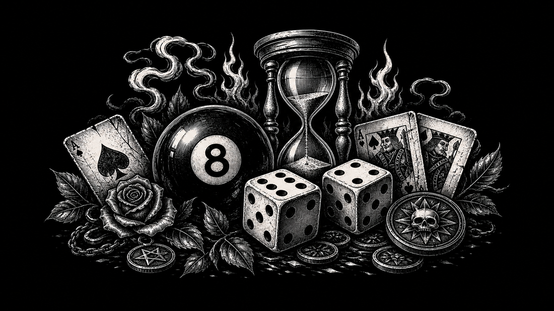 Dice and eight ball symbolism banner with cards, hourglass and fate symbols.