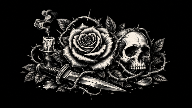 Gothic rose meaning banner with skull, thorns and candle.