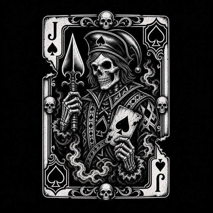 Jack of Spades meaning shown through a skeletal trickster court figure with a spade blade